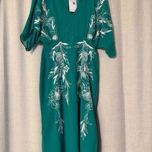 Hope & Ivy Embroidered Midi Dress — Teal, Size 10 (NWT)